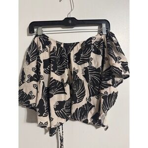 Free People Womens Black Cream Bird Print Boho Crop Top Lace Up Back Size M
